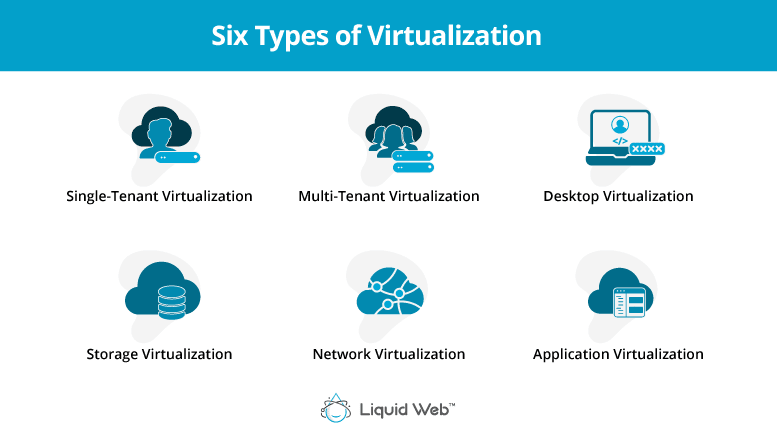 The six types of virtualization are single-tenant server, multi-tenant server, desktop, network, storage, and application virtualization.