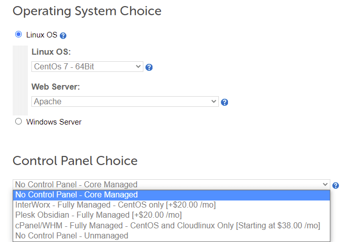 Step 3: Choose dedicated server OS and control panel