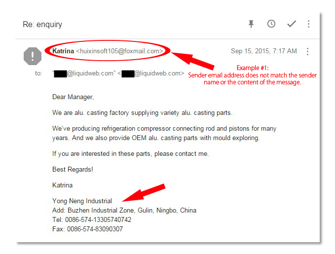 Email Spoofing Example 1 - Sender Name and Email Do Not Match