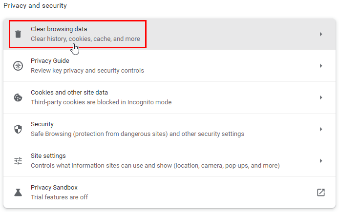 Opening Chrome’s browsing data settings.