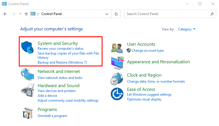 Opening System and Security on Windows.