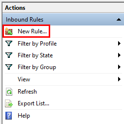Adding a new rule from the Inbound Rules in Windows Defender Firewall on Windows.