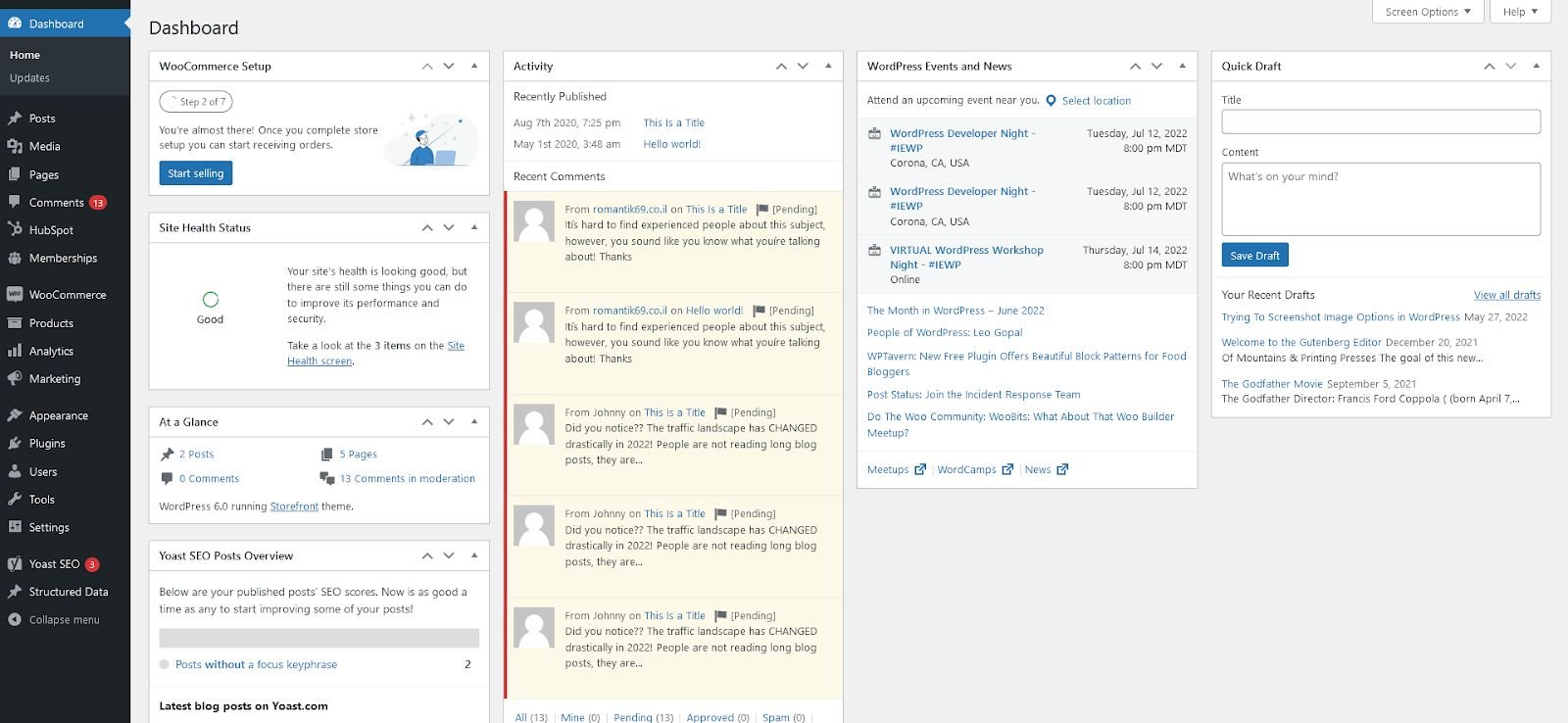 Screenshot of the WordPress Admin Dashboard.