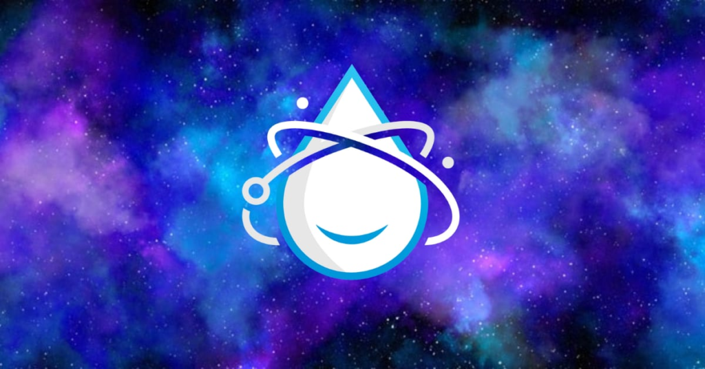  A blue and purple galaxy background with a smiling water drop icon in the center symbolizing challenges with cloud workload balancing.